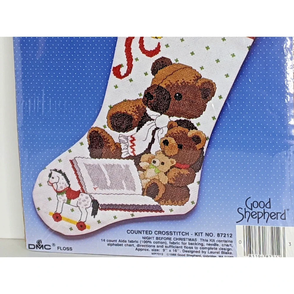 VTG Night Before Christmas Teddy Bear Cross Stitch Stocking Good Shepherd #87212